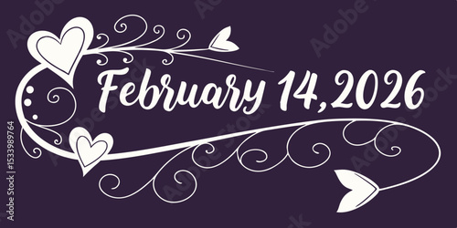 Vector illustration of 14 February 2026, Valentines Day Calligraphy social media , cards Banner with Heart in black  background vector illustration.
