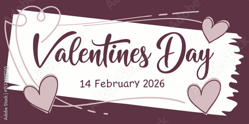 Vector illustration of 14 February 2026, Valentines Day Calligraphy Banner with Heart in brown background vector illustration.
