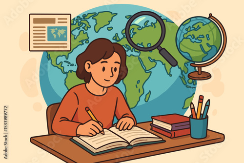Student learning geography concept illustration. Child at desk with world map, globe, and magnifying glass. Global education, homework, and research. Cartoon vector for school.