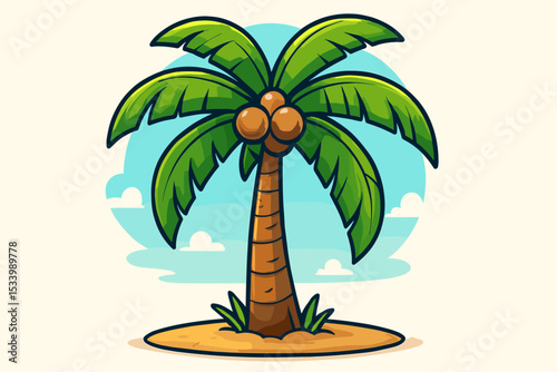 Cartoon palm tree with coconuts on a small tropical sand island. Vector illustration concept for summer vacation, travel logo, or holiday mascot. Exotic nature symbol design.