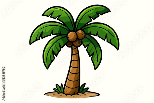 Palm tree cartoon illustration. Vector graphic of a tropical coconut tree on a sand island. Summer vacation and holiday symbol for beach party, travel design or sticker. Exotic nature icon.