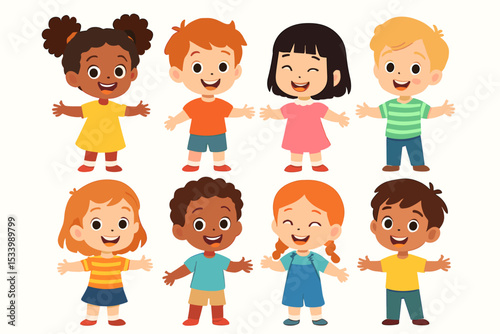 Set of happy multiethnic kids. Group of diverse children characters smiling with open arms. Cute cartoon vector illustration of multicultural boys and girls standing together.