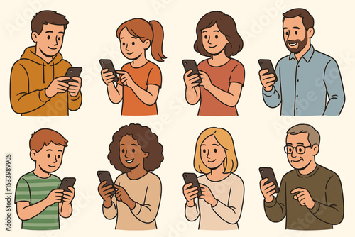 Collection of diverse characters with smartphones. Young and old people, men and women, using mobile devices. Concept for technology, connectivity, and social networking. Cartoon vector.