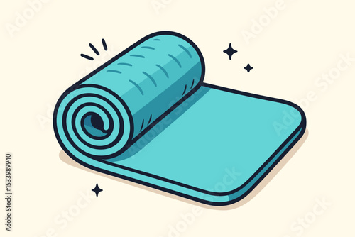 Yoga mat icon. Rolled mat for fitness, exercise, pilates, workout. Sport equipment for stretching and meditation. Healthy lifestyle concept. Wellness accessory. Flat vector illustration.