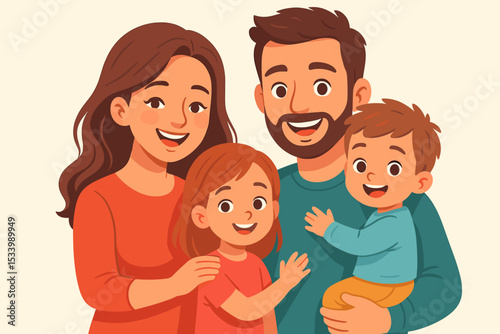 Happy family portrait illustration of mother, father, son, and daughter smiling together. Cute cartoon characters showing love, care, and togetherness. Parenthood and relationship concept.