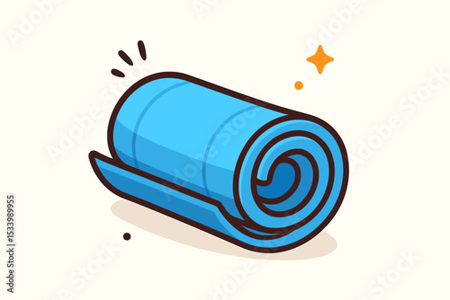 Rolled yoga mat vector icon. Fitness and exercise equipment illustration for wellness and a healthy lifestyle. Simple blue Pilates or gym mat for stretching and workout. Sport gear.