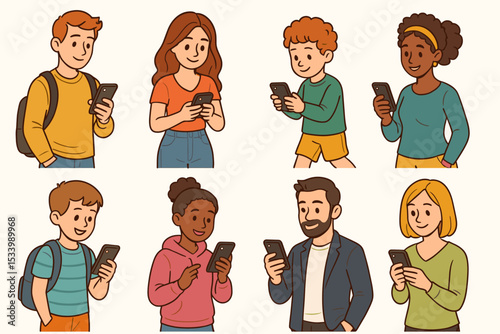Set of diverse cartoon people using smartphones. Character collection of men, women, children smiling and looking at mobile phones. Vector for communication and social media concept.