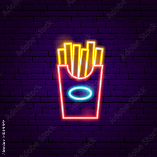 French Fries Neon Sign. Fried Potato Glowing Symbol. Vector Illustration of Fast Food Promotion Object.
