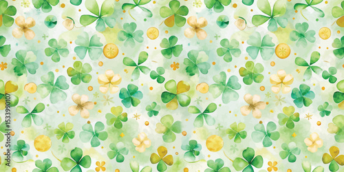A vibrant watercolor pattern featuring green shamrocks and golden accents.