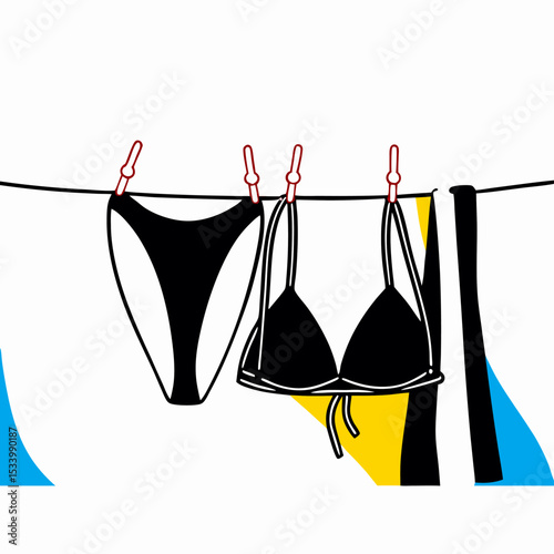 Black Bikini & Sarong Drying on Clothesline