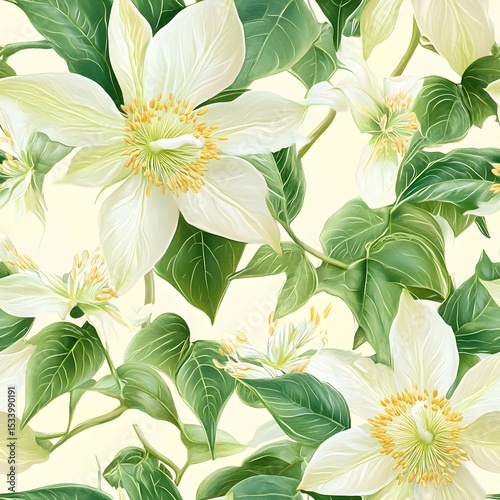A detailed floral pattern of white flowers and green leaves.