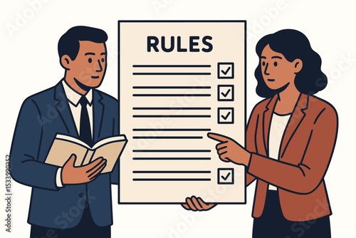 Corporate policy and rules concept. Business woman explaining company regulations with a checklist. Colleague studying the rulebook. Workplace compliance, guidelines, and ethics.