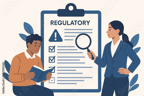 Regulatory compliance concept. Businesswoman with magnifying glass inspects policy document. Corporate governance, audit, and legal checklist illustration. Business procedure and risk management.