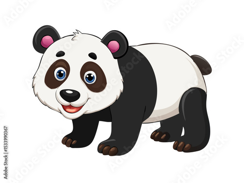 A cute, fun, and wild baby panda character illustration, drawn in vector art with black and white fur, smiling while isolated against nature's bamboo