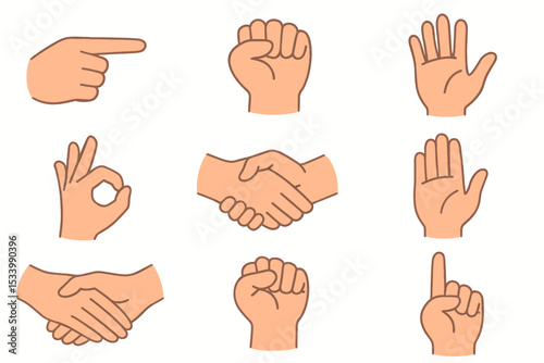 Hand gesture icon collection vector set. Cartoon hands showing different signs. Fist, pointing finger, ok symbol, handshake for agreement, stop, waving. Communication concepts.