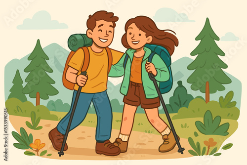 Happy couple hiking in nature. Young man and woman with backpacks and trekking poles on a mountain trail. Outdoor adventure, travel, tourism, and active lifestyle vector concept.