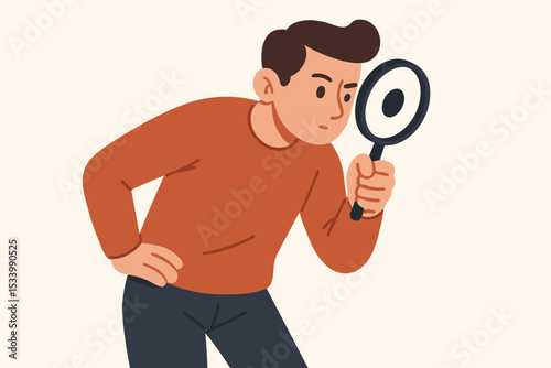 Man with magnifying glass investigating. Concept of research, search, discovery, inspection, and analysis. Detective or researcher looking for clues. Flat vector character illustration.