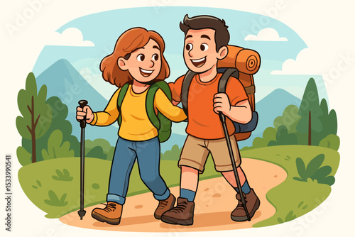 Happy couple hiking in the mountains. Young man and woman with backpacks on a nature trail. Outdoor adventure, travel, and trekking concept. Active lifestyle cartoon vector.