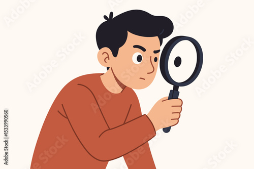 Curious man looking through a magnifying glass. Concept of investigation, search, and discovery. Character focusing on details. Detective conducting research, analysis, and inspection.