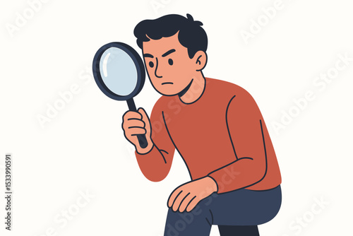 Man with magnifying glass illustration. Concept of search, investigation, analysis, discovery. Character researching or inspecting. Detective work, scrutiny, finding information vector.