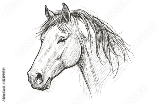 Realistic horse head sketch in a detailed pencil drawing style. Hand-drawn equine portrait illustration. Beautiful animal art for equestrian, western, or farm concepts. Noble stallion.