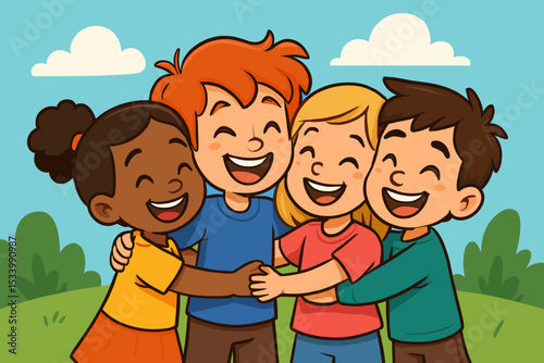 Happy diverse children hugging in a group embrace. Multicultural friends laughing together. Concept of friendship, unity, inclusion, support, and racial equality. Cute cartoon vector.