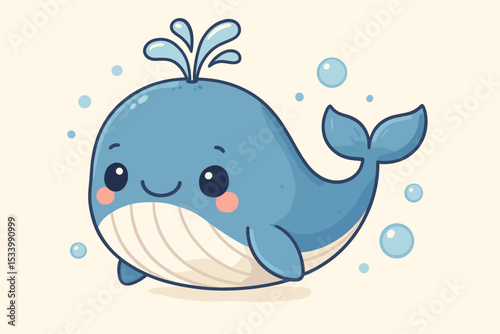 Cute whale cartoon vector illustration. Kawaii blue sea animal character smiling with water splash and bubbles. Marine mammal mascot for children's design, nursery print, logo.