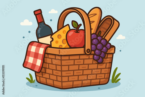 Cartoon picnic basket full of food for a summer lunch. Wicker basket with wine, cheese, bread, apple, and grapes. Vector illustration for outdoor recreation, romantic date, or family outing.