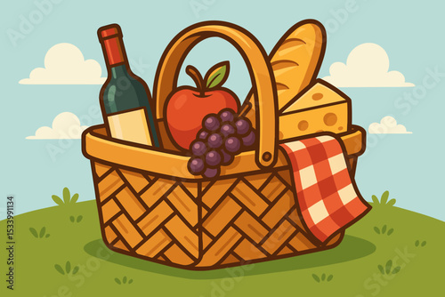 Picnic basket cartoon illustration for summer outdoor concept. Wicker basket filled with wine, bread, cheese, apple, and grapes on a green meadow. Romantic lunch vector graphic.