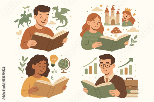Reading characters set. Diverse people with books on fantasy, science, business, and fairytales. Vector illustration concept for literature, education, knowledge, and imagination.