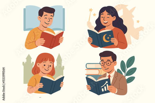 Set of diverse people reading books. Characters enjoying different genres like fantasy, business, and fairy tales. Concept for education, literature, knowledge, and imagination.