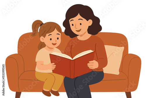 Mother reading a storybook to her cute daughter on the sofa. Mom and child storytime at home. Family bonding, parenting, love, and education concept. Cartoon vector illustration.