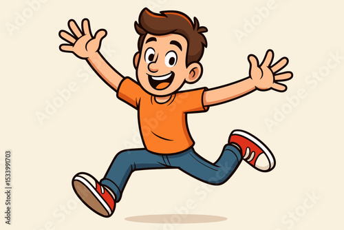 Happy cartoon boy running and jumping with excitement. Cheerful kid character illustration with a big smile. Active child having fun, concept of joy, energy and freedom. Vector.