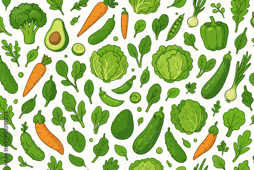 Vegetable seamless pattern. Healthy food background with organic vegetables. Cartoon vector illustration of fresh greens, carrot, cabbage, avocado for vegan diet and nutrition concept.