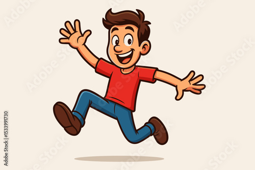 Happy cartoon boy character jumping in the air. Joyful energetic kid running and waving. Cute cheerful child mascot illustration with a big smile. Concept of fun, freedom, and activity.