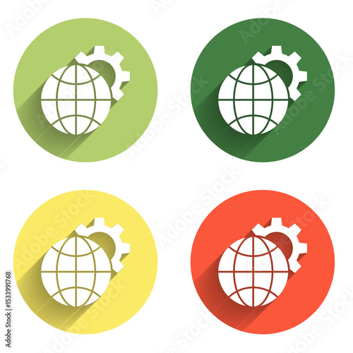 Set Globe of the Earth and gear or cog icon isolated with long shadow background. Setting parameters. Global Options. Color circle button. Vector