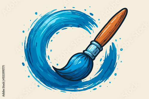 Artistic paintbrush creating a dynamic blue circular stroke. Concept of creativity, art, and painting. Round frame made of watercolor paint. Vector illustration logo element design.