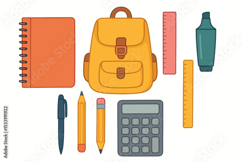 School supplies collection. Back to school concept. Vector icon set with backpack, notebook, calculator, ruler, pen, pencil, highlighter. Flat design stationery illustration.