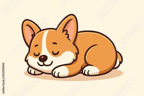 Cute Corgi puppy sleeping peacefully. Adorable cartoon dog character taking a nap. Sweet dream illustration. Kawaii Welsh Corgi mascot for pet shop or veterinary clinic.