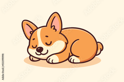 Cute Corgi puppy sleeping peacefully. Adorable Pembroke Welsh Corgi dog character napping. Kawaii cartoon animal pet vector illustration for logo, sticker or kids design.