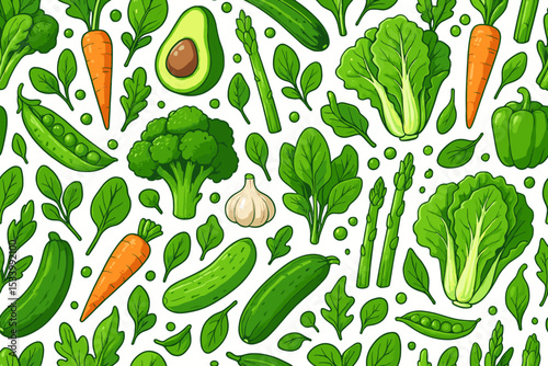 Vegetable seamless pattern. Healthy food background concept. Fresh green organic farm harvest. Cartoon vector illustration with carrot, broccoli, avocado, spinach, lettuce, pea.
