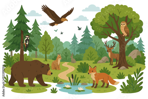 Forest animals wildlife scene with diverse woodland creatures. Vector illustration of a nature ecosystem with bear, fox, deer, eagle, owl, lynx, and rabbit. Cute cartoon landscape.