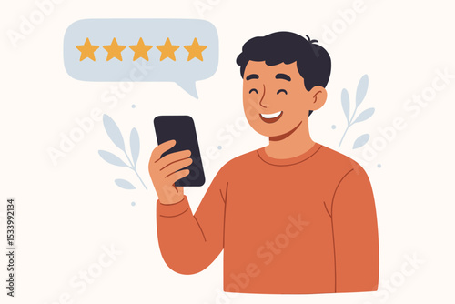 Happy man gives a five star rating on a smartphone. Customer satisfaction and user experience concept. Positive feedback, online review for a product or service. Client evaluation.