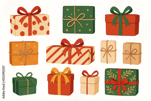 Set of vintage Christmas gift boxes. Collection of festive holiday presents with ribbon bows. Retro style illustrated surprise packages for celebration design. Isolated vector elements.