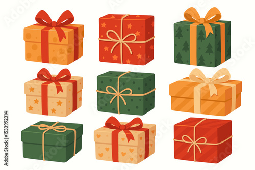 Set of festive gift boxes vector illustration. Collection of colorful wrapped presents with ribbons and bows for Christmas, New Year, or birthday celebration. Cartoon holiday icons.