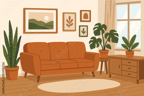 Cozy living room interior in mid-century modern style. Flat vector illustration of a comfortable home scene with an orange sofa, houseplants, and wall art. Hygge home decor concept.