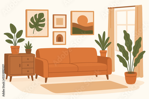 Cozy living room interior illustration in a modern boho style. Hygge scandinavian design with sofa, houseplants, and gallery wall decor. Mid-century furniture. Flat vector background.