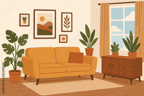 Cozy living room interior with a yellow sofa, sideboard, and houseplants. Flat vector illustration of a comfortable home. Hygge, scandinavian style decor background.