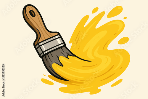 Creative concept with a paintbrush and a yellow paint swirl. Vector illustration for art, drawing, and design. Symbol for home improvement, renovation, repair, and DIY jobs.