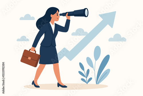 Exploring business opportunities. Businesswoman with telescope following an upward arrow. Concept of career growth, leadership vision, market forecast, and future success.